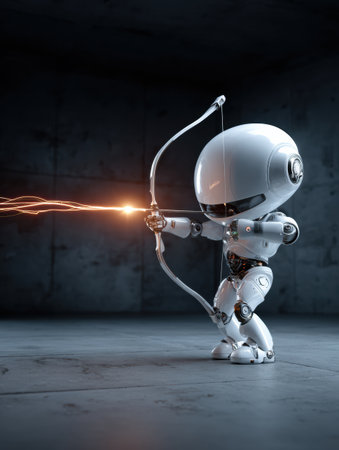 A small robot with a sleek body fires an energy arrow from a bow. The setting is a dark, industrial space with a dramatic atmosphere.の素材