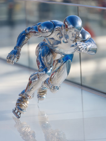 A sleek metallic figure in motion captures the essence of speed, showcasing athletic form with polished surfaces reflecting city light.の素材