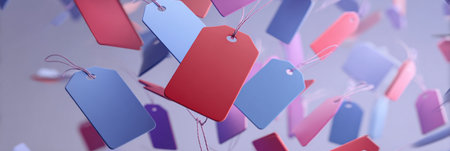 A collection of vibrant tags in various shapes and colors hang suspended in the air, showing creativity and playful design.の素材