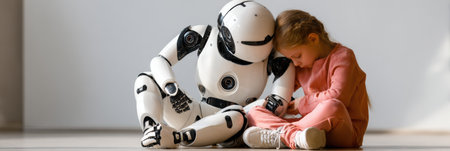 A young girl leans against a humanoid robot, highlighting the bond between children and technology in a modern indoor space.の素材