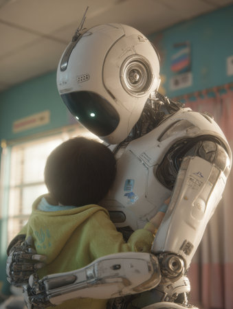 A robot gently holds a child in a vibrant classroom filled with educational decorations during the day.の素材