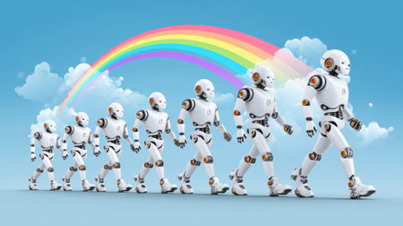 A group of humanoid robots walks in a line under a vibrant rainbow on a clear day, showcasing futuristic design and cheerful demeanor.の素材