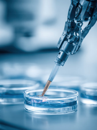 A robotic arm carefully transfers liquid to petri dishes in a modern laboratory, showcasing advanced automation in scientific research.の素材