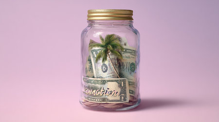 A glass jar contains rolled cash and a small palm tree representing savings for an upcoming vacation on a pastel background.の素材