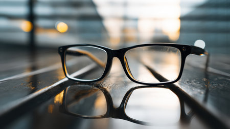 Black glasses placed on a wooden surface capture reflections while soft evening light creates a warm, inviting atmosphere.の素材