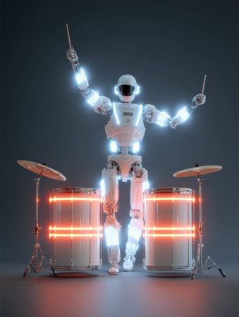A robot showcases its drumming skills on illuminated drums in a dark, high-tech environment, creating a captivating performance.の素材