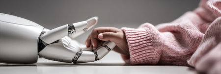 A child reaches out to touch a robotic hand, symbolizing a connection between technology and human experience in a serene setting.の素材
