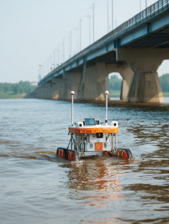 A water robot moves through the rivers surface under a bridge, showcasing technology in action during daytime.の素材