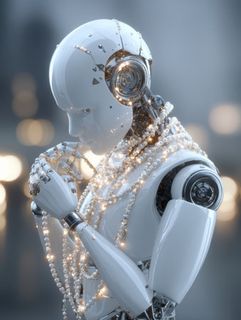 A sleek robotic figure, draped in luminous pearls, appears to be lost in thought amid a tranquil setting at dusk.の素材