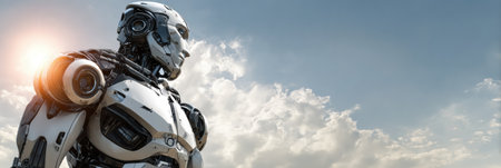 A detailed robot figure gazes into the distance with clouds and bright sunlight in the background, showing advanced technology.の素材
