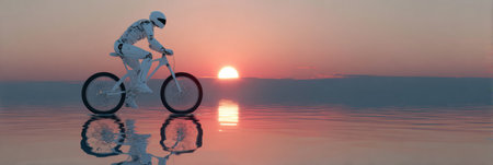 A futuristic figure cycles over a smooth ocean surface as the sun sets on the horizon, creating a serene and dreamlike atmosphere.の素材