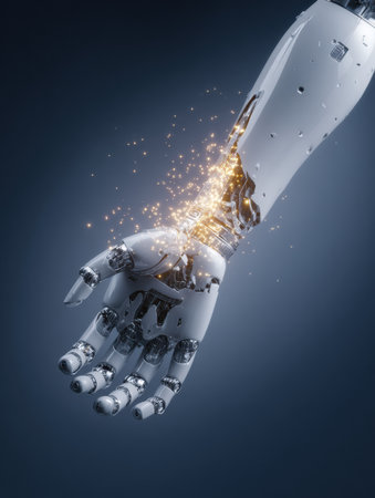 A robotic arm with intricate details emits sparks, illustrating the blend of technology and creativity in a modern environment.の素材