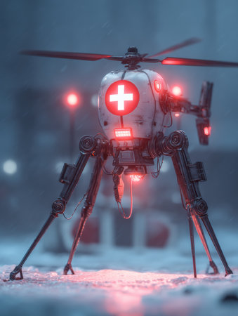 A futuristic drone equipped with medical symbols and lights awaits activation in a misty urban setting, showcasing advanced technology.の素材
