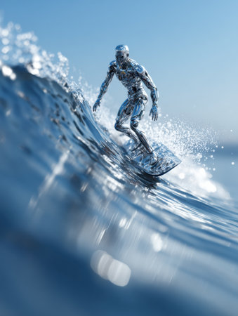A shiny robotic surfer skillfully rides a large wave in a clear ocean, reflecting sunlight on a bright day.の素材