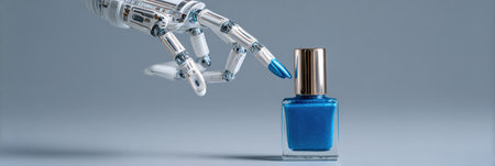 A robotic hand is extending toward a bottle of blue nail polish, showing the contrast between technology and beauty.の素材