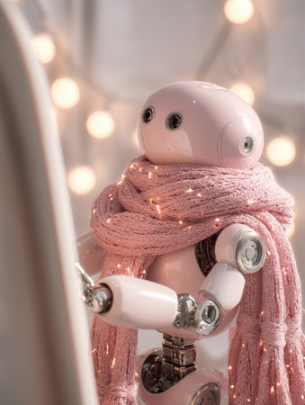 A charming robot dressed in a pink scarf is surrounded by soft lights in a warm, cozy atmosphere, evoking a peaceful winter scene.の素材