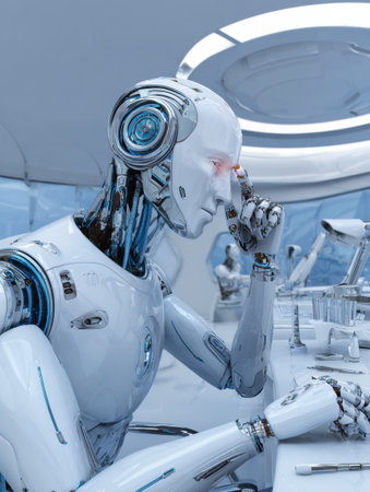 A robot focuses on data analysis at a sleek workstation in a modern laboratory setting filled with advanced technology.の素材