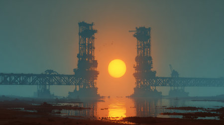As the sun sets in the background, silhouettes of oil rigs stand tall over the still water, creating a tranquil yet industrial scene.の素材