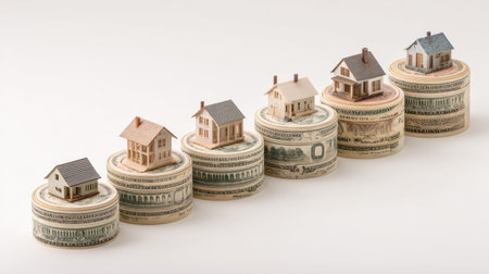 Miniature houses are placed on stacks of money, illustrating the rise of real estate investment over time and its value.の素材