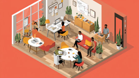Group of professionals engaging in various tasks within a colorful office space designed for collaboration and innovation.の素材