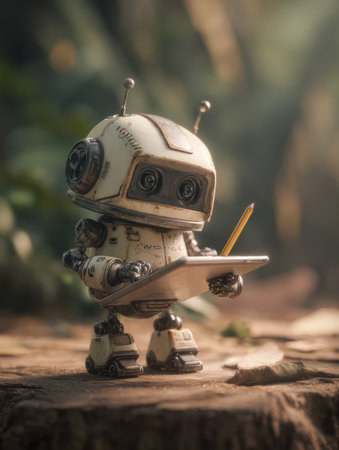 A small robot stands on a tree stump, holding a tablet and pencil, surrounded by greenery in a forest during the day.の素材
