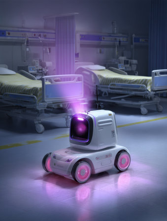 A small robot moves through a dimly lit hospital room, providing support near empty beds and enhancing nighttime care with its glowing lights.の素材