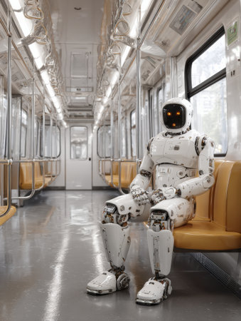 A humanoid robot sits quietly in a nearly empty subway train with orange seats, reflecting on modern transportation and technology.の素材