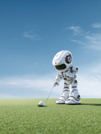 A small robot stands on a green golf course, focusing intently as it prepares to hit a golf ball under a bright blue sky.の素材