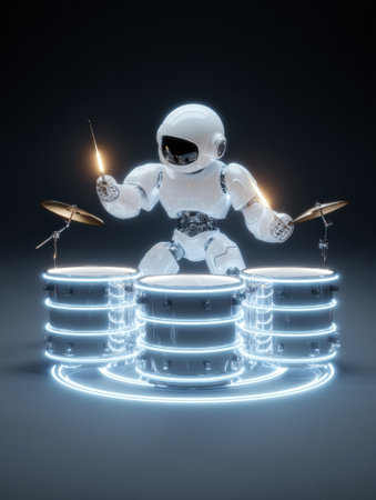 A robotic drummer plays an illuminated drum set, showcasing advanced technology in a dramatic, dark environment.の素材