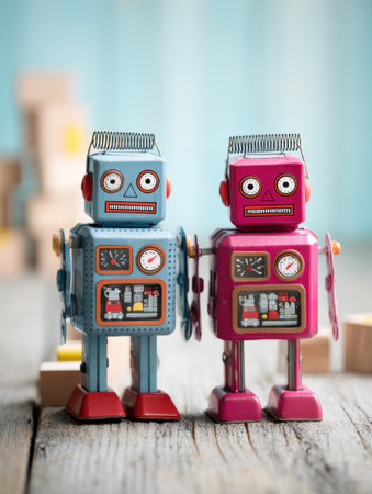 Two charming vintage toy robots in blue and pink pose side by side on a wooden surface, surrounded by playful building blocks.の素材