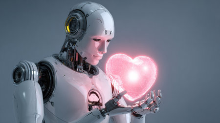 A robotic figure gently cradles a luminous heart, representing a blend of emotion and advanced technology in a modern environment.の素材
