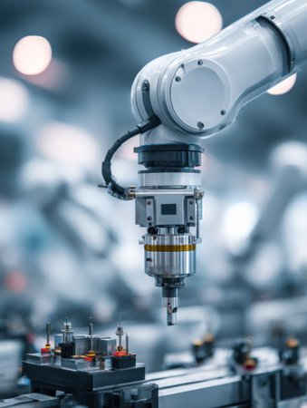 A robotic arm is engaged in detailed assembly tasks inside a modern manufacturing space, showing advanced technology at work.の素材