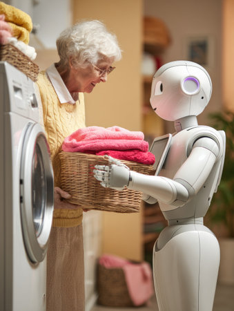 A senior woman smiles as she talks to a robot while holding a basket of colorful laundry. The scene depicts companionship in a home setting.の素材