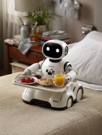 A small robot serves breakfast on a tray, featuring fruits, pastries, and juice near a neatly made bed in a bright room.の素材