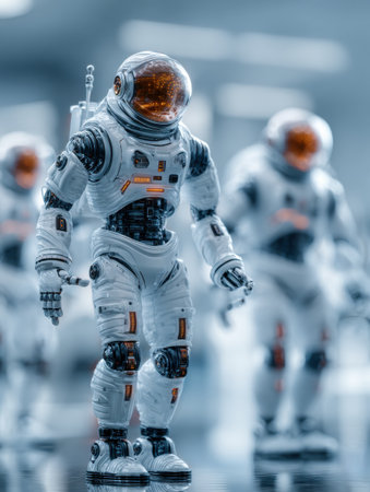Multiple astronaut figures in futuristic suits walk forward, set against a sleek, modern backdrop that suggests a high-tech environment.の素材