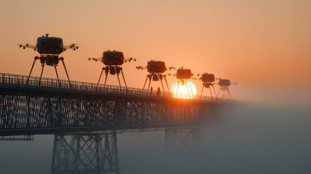 Drones traverse a bridge as the sun rises, casting a warm glow through the fog and creating a captivating scene of technology and nature.の素材