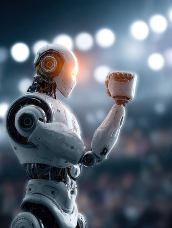A robotic figure stands triumphantly, holding a trophy with bright lights illuminating an energetic crowd in a modern arena setting.の素材