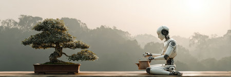 A robot carefully waters a bonsai tree while sitting on a wooden surface surrounded by a calm, misty landscape at dawn.の素材