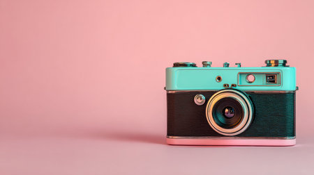 A classic camera is placed on a soft pink surface, highlighting its retro features and appealing color combination.の素材
