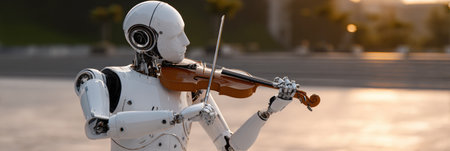 An advanced robot performs a beautiful piece on the violin, set against a scenic backdrop during sunset. Its robotic fingers skillfully create music.の素材