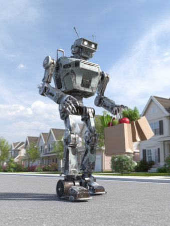 A friendly robot walks down a quiet suburban street holding grocery bags filled with fresh produce, showing a blend of technology and daily life.の素材