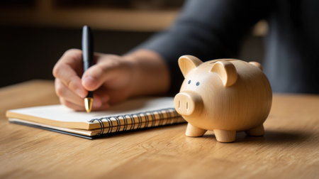 A person writes in a notebook while a wooden piggy bank sits nearby, highlighting a moment dedicated to financial planning and savings.の素材