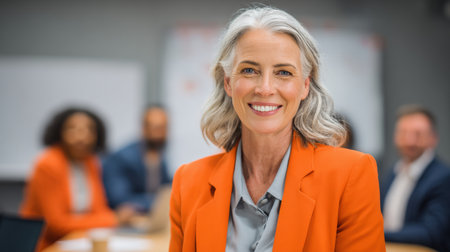 A confident woman in an orange jacket smiles at the camera during a business meeting, with colleagues discussing nearby.の素材