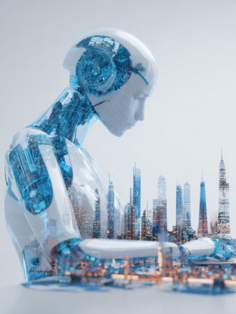 A sleek blue robotic figure interacts with a vibrant digital city, merging technology and urban development.の素材