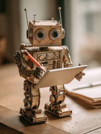 A small, metallic robot stands at a wooden table, holding a tablet while surrounded by a cozy, well-lit room.の素材