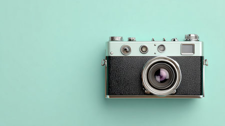 A vintage camera is placed against a mint green background, highlighting its classic design and appealing to photography lovers.の素材