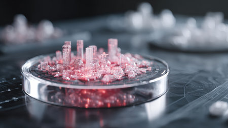 Detailed city model showcases modern architecture, glowing red lights, and intricate designs, emphasizing innovation and technology.の素材