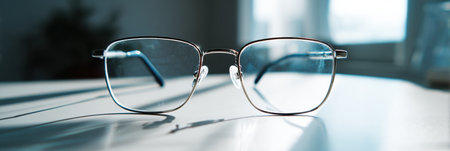 A pair of glasses placed on a table, illuminated by natural light from a window, creating a calm and serene atmosphere.の素材