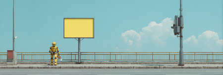 A robot in a yellow suit waits by the roadside near an empty billboard and traffic lights under a clear blue sky with clouds.の素材