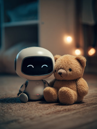 A friendly robot and a teddy bear sit together in a warm, cozy atmosphere filled with soft lighting, enjoying peaceful companionship.の素材